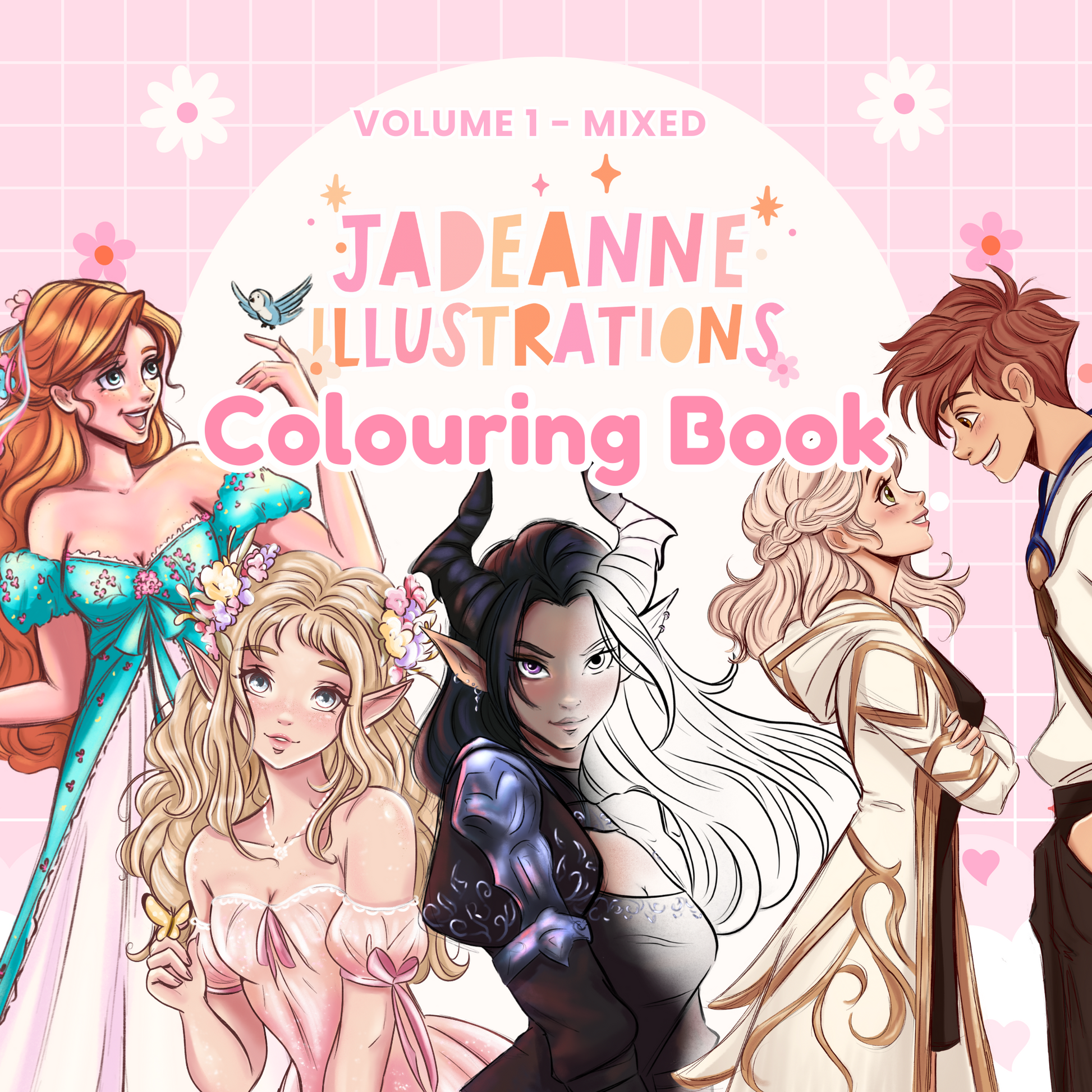 Front cover of Anime colouring book featuring illustrated characters