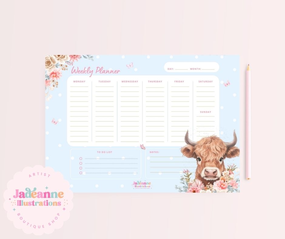 Highland cow A4 50 Page weekly planner