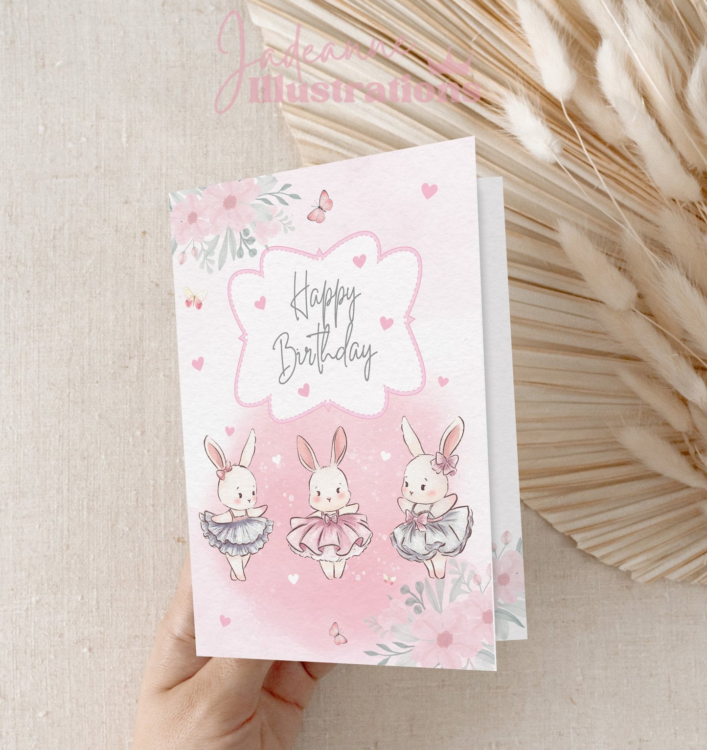 Birthday card featuring my illustration of 3 adorable ballerina bunnies