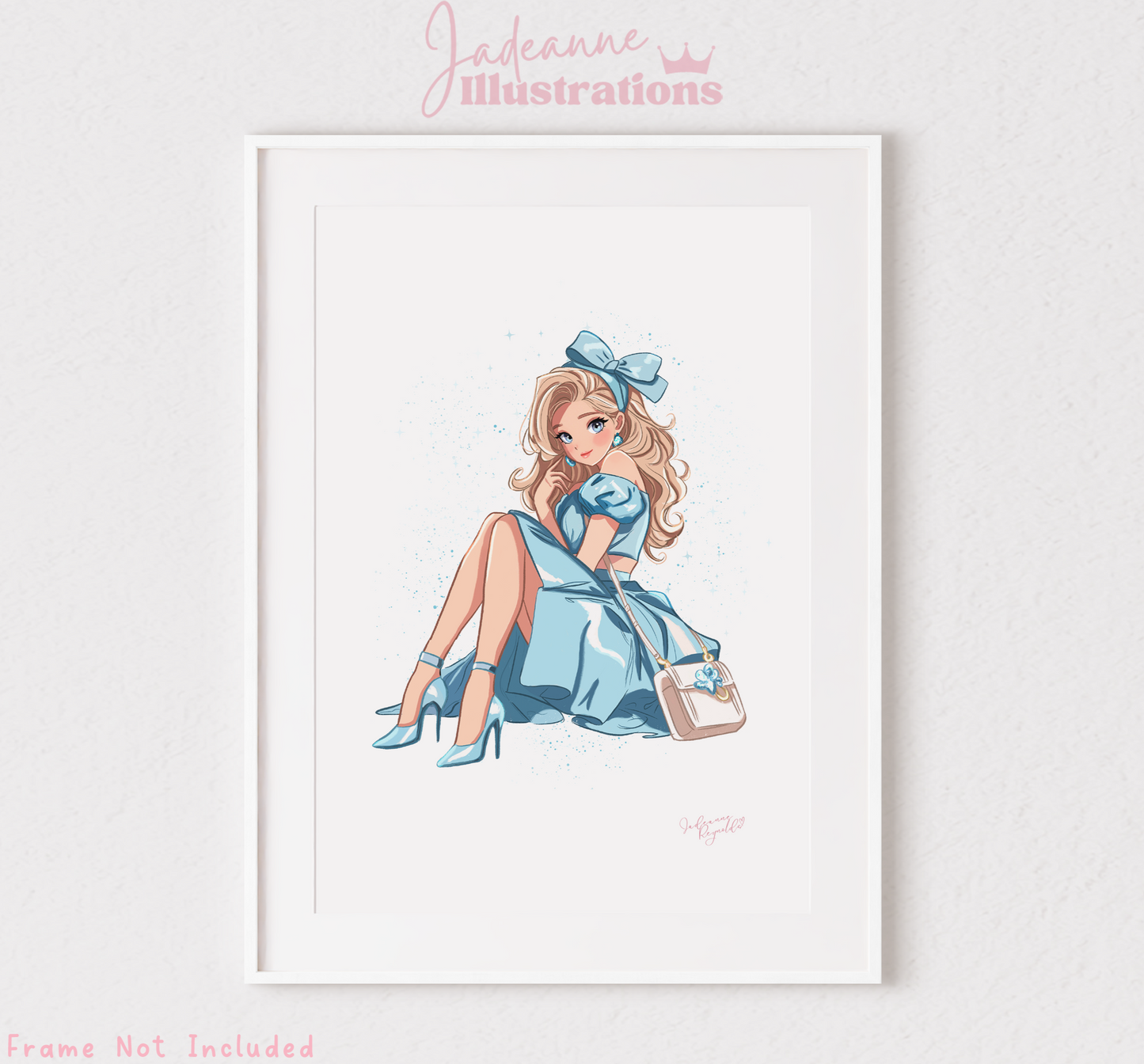 Kawaii Pin up style female character in blue with a whimsical charm, Original artwork for childrens bedroom wall decor. Frame not included