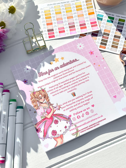Colour swatches, markers, and a colouring book page with an illustration of a fairy on a white surface.