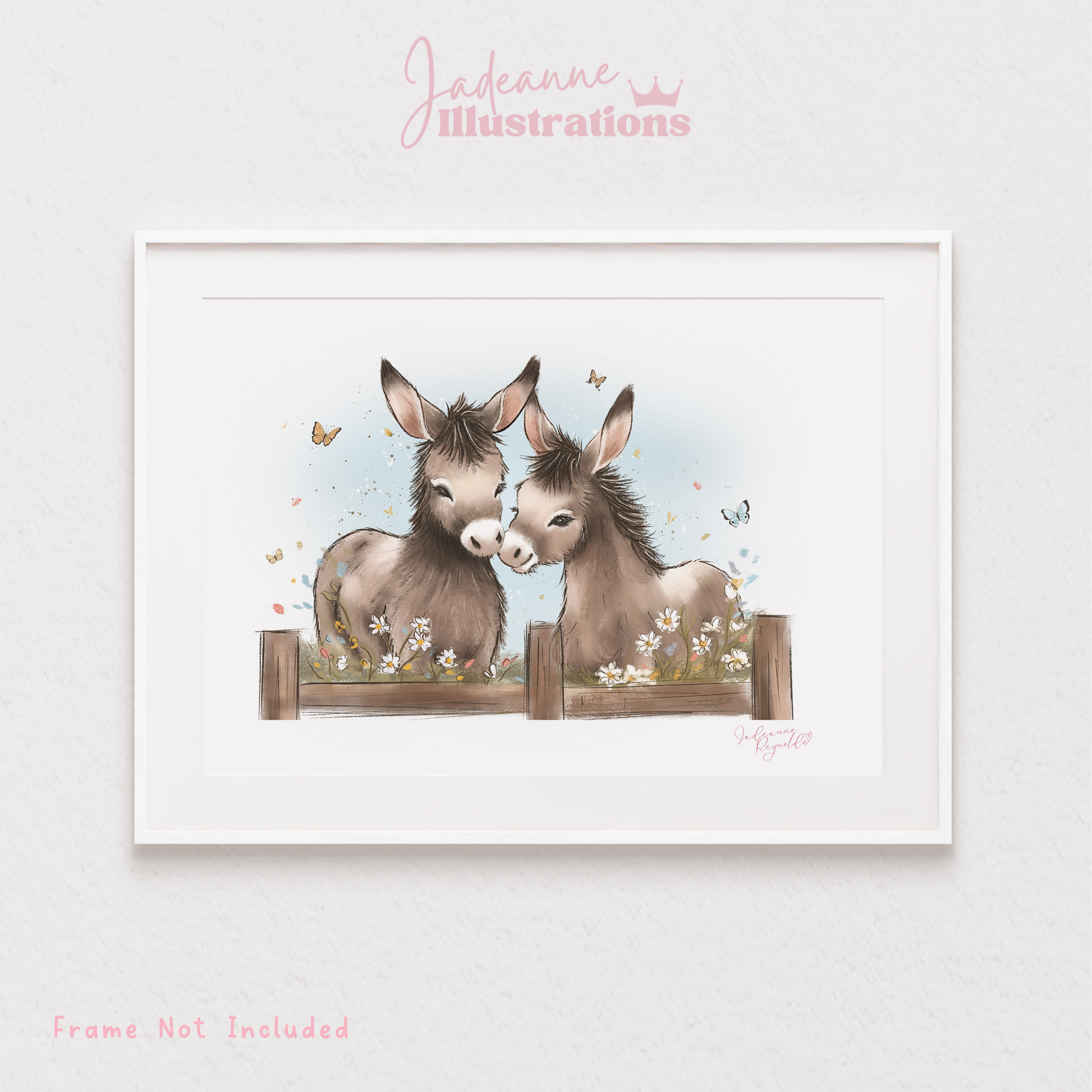 Adorable whimsical donkey's art print, frame not included