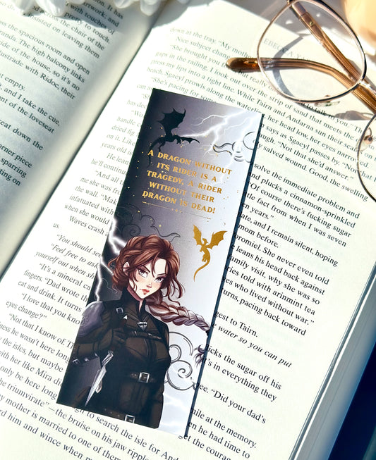 Bookmark with a dragon and Violet sorrengail design on an open book