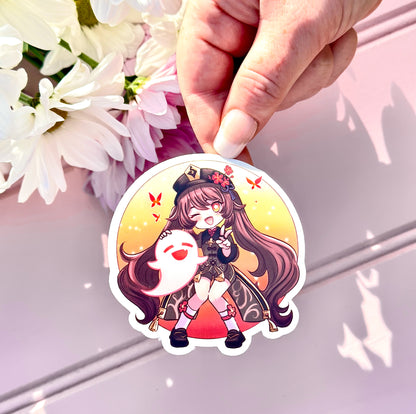 Sticker of a Hu Tao genshin impact character held by a hand with flowers in the background