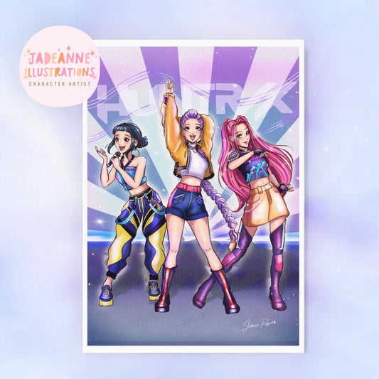 Illustration of Huntrix K-pop demon hunters characters art print poster, on a light blue background with 'Jadeanne Illustrations' logo.