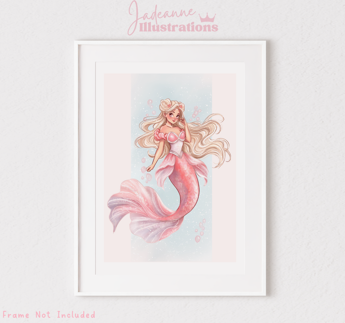 Pink Mermaid art print with a whimsical charm, perfect for the mermaid lovers in your life. frame not included