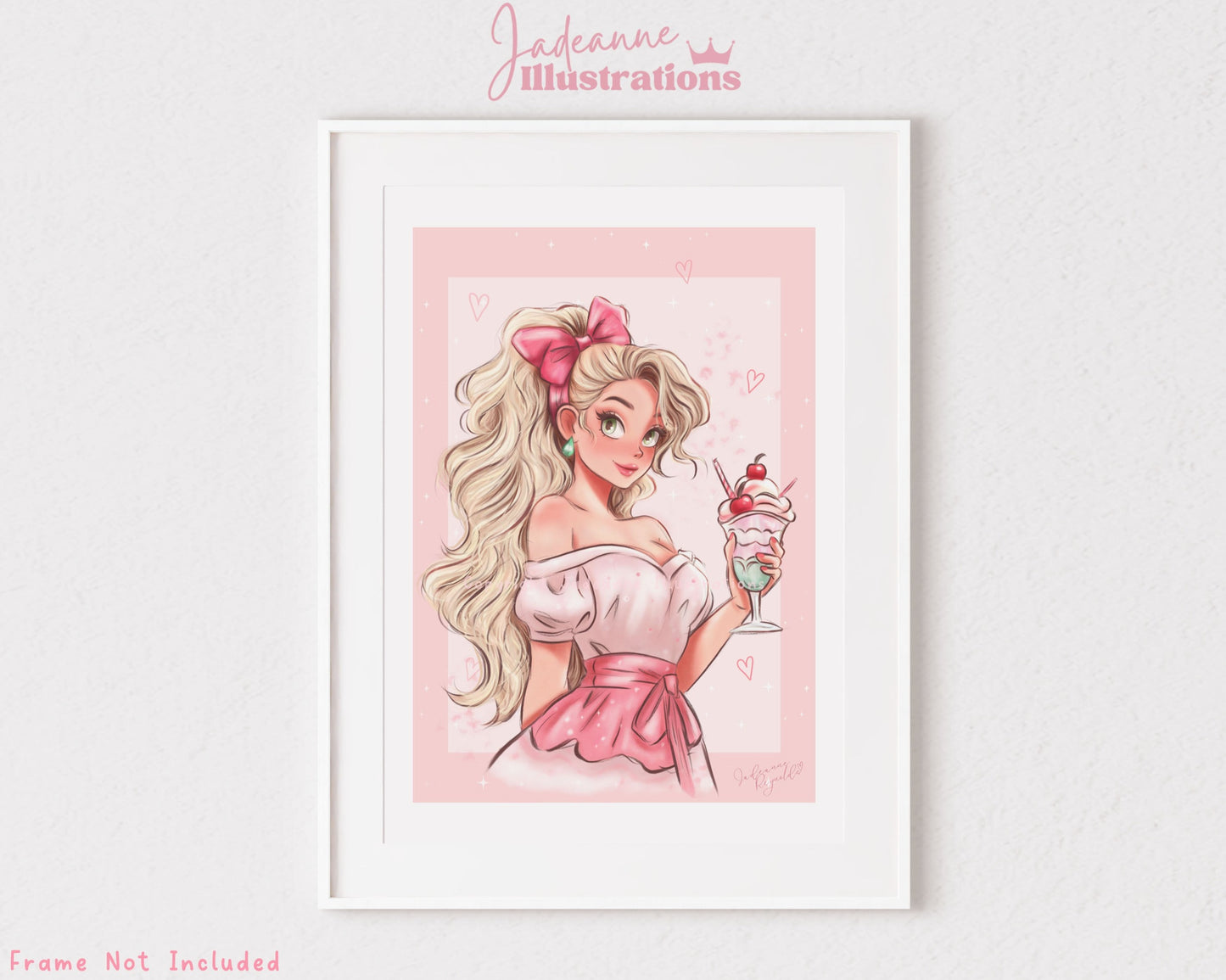 Pink aesthetic pin up anime girl holding a sundae ice cream illustration art print