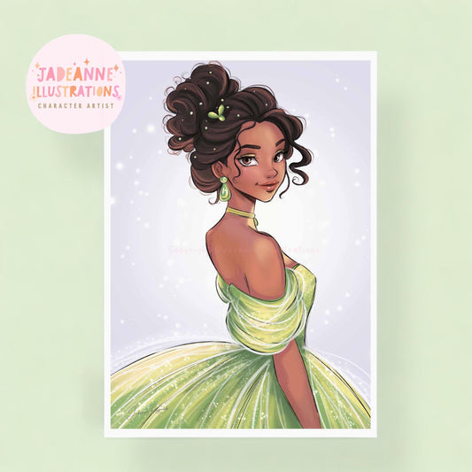 Illustration of Princess Tiana  in a green dress with 'Jadeanne Illustrations' logo.