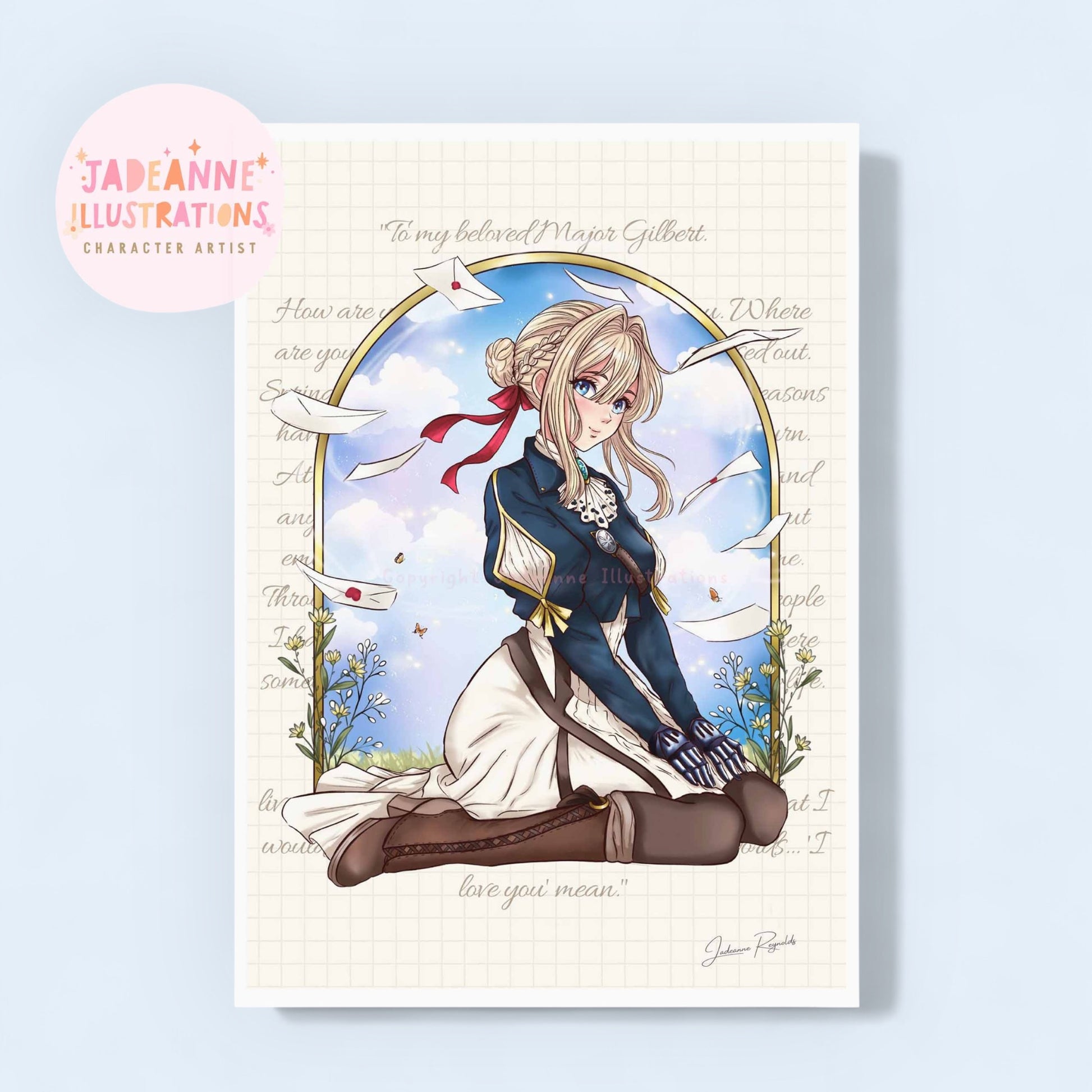 Illustration of Violet evergarden character with a blue outfit and red ribbon, sitting on a cloud with 'Jadeanne Illustrations' branding.