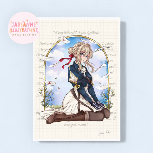 Illustration of Violet evergarden character with a blue outfit and red ribbon, sitting on a cloud with 'Jadeanne Illustrations' branding.