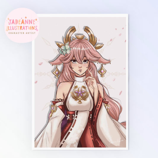 Illustration of a Yae Miko from genshin impact character with pink hair and a decorative headpiece on a light background.